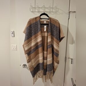 NWT Northern Reflections Women's Blue & Brown Striped Fringe Poncho (One Size)